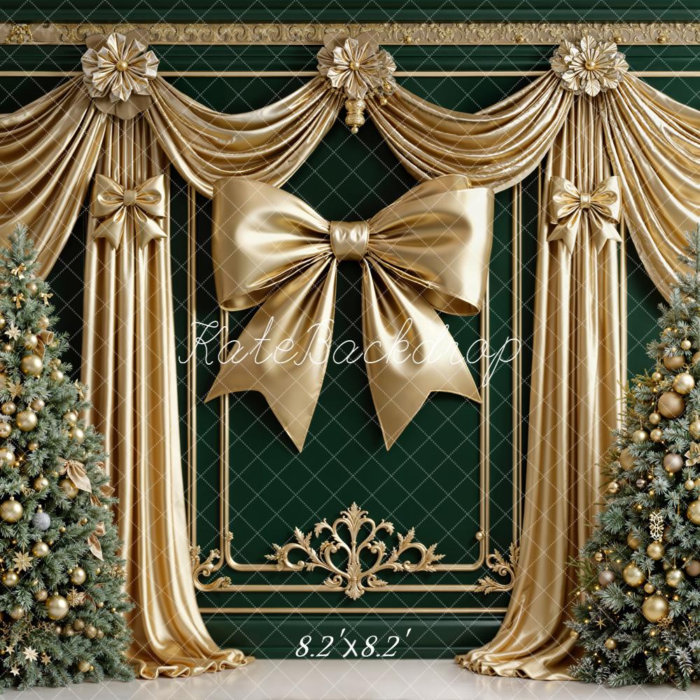 Kate Christmas Gold Drapes Bow Green Trees Backdrop Designed by Emetselch - Image 5