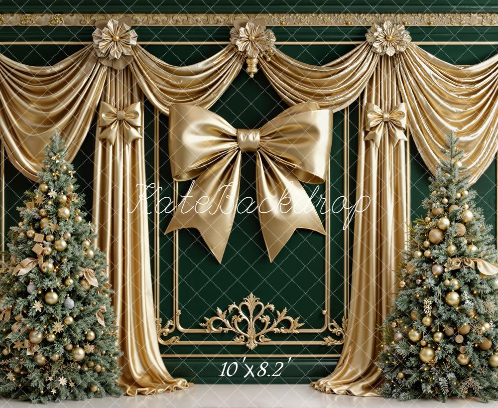 Kate Christmas Gold Drapes Bow Green Trees Backdrop Designed by Emetselch - Image 6