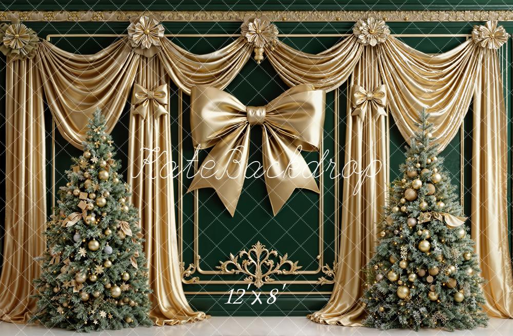 Kate Christmas Gold Drapes Bow Green Trees Backdrop Designed by Emetselch - Image 8