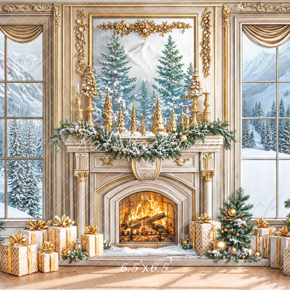 Kate Christmas Gold Fireplace Window Backdrop Designed by Emetselch - Image 2