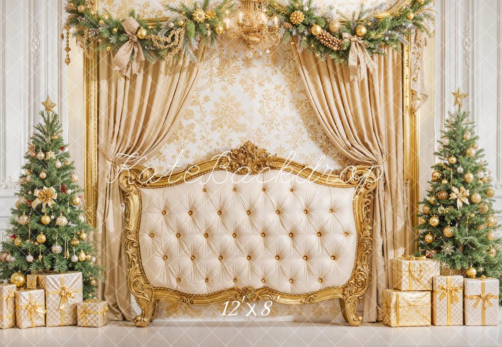 Kate Gold Christmas Headboard Curtains Fleece Backdrop Designed by Emetselch - Image 2