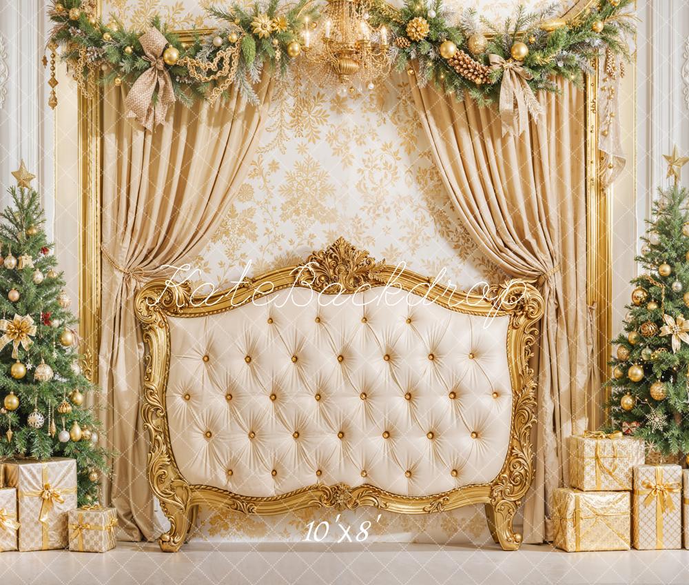 Kate Gold Christmas Headboard Curtains Fleece Backdrop Designed by Emetselch - Image 4