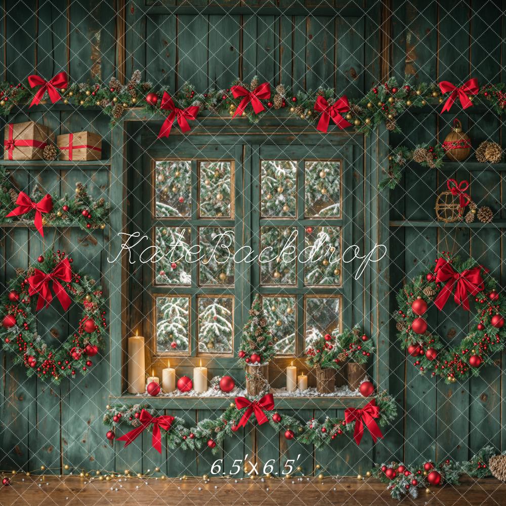 Kate Christmas Green Aged Wood Wall Window Backdrop Designed by Emetselch - Image 2