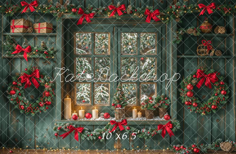 Kate Christmas Green Aged Wood Wall Window Backdrop Designed by Emetselch - Image 4