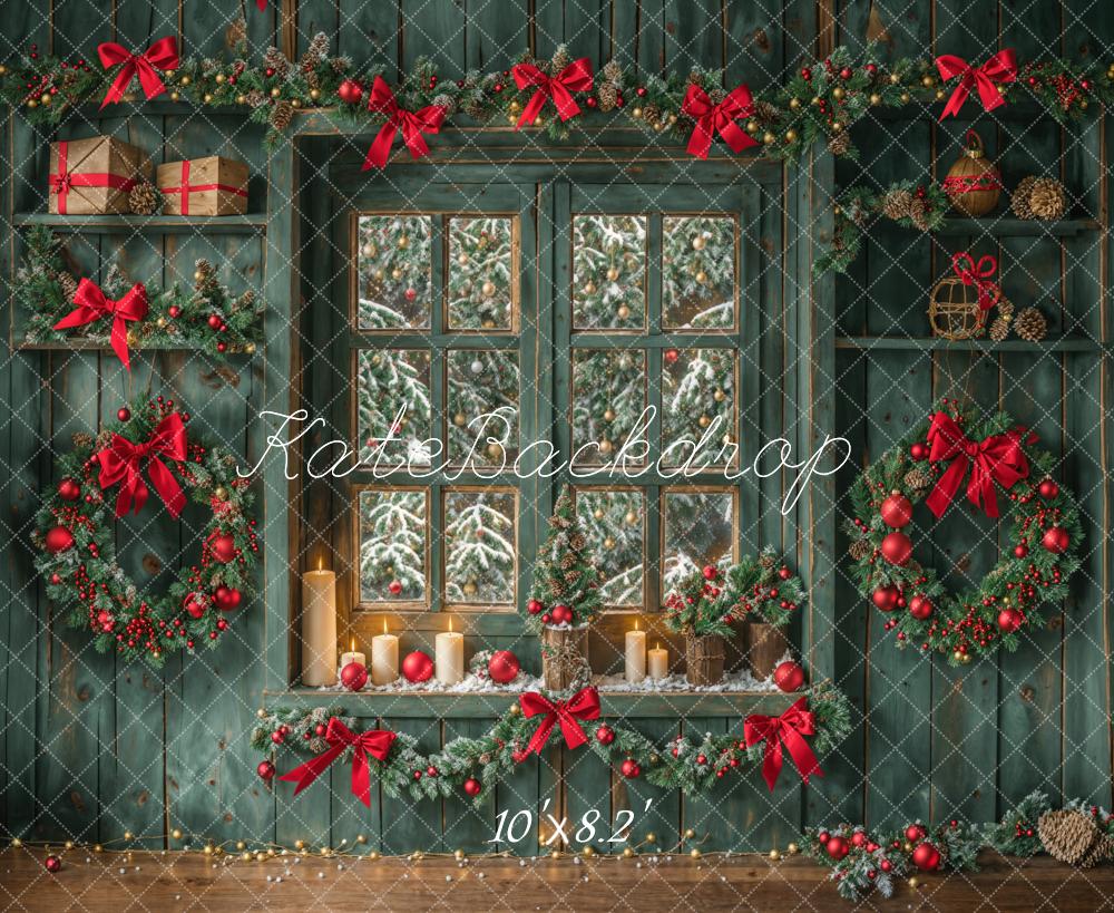 Kate Christmas Green Aged Wood Wall Window Backdrop Designed by Emetselch - Image 5
