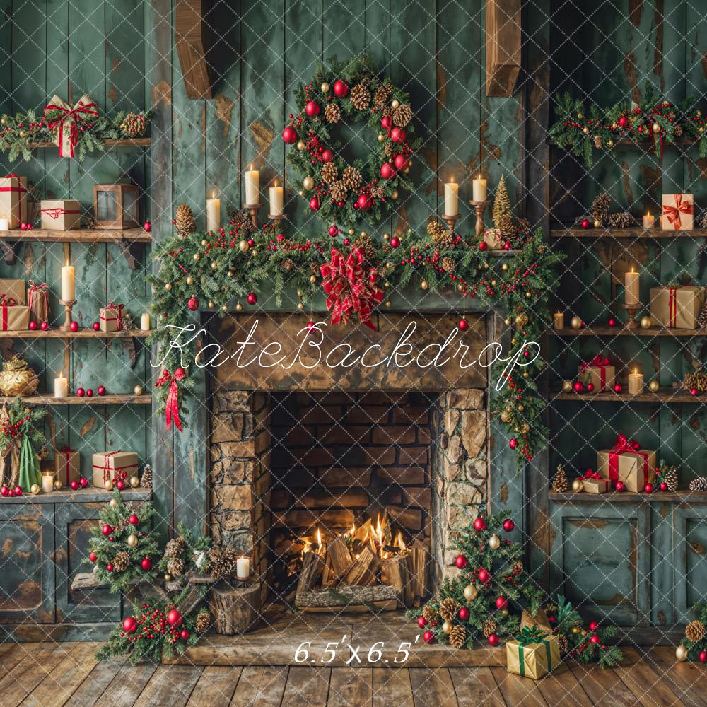Kate Christmas Green Cabinets Fireplace Backdrop Designed by Emetselch - Image 2
