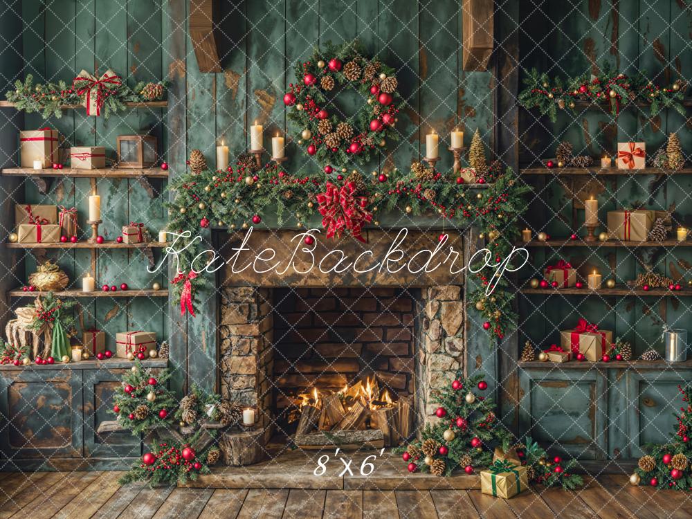 Kate Christmas Green Cabinets Fireplace Backdrop Designed by Emetselch - Image 3