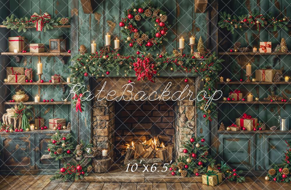 Kate Christmas Green Cabinets Fireplace Backdrop Designed by Emetselch - Image 4