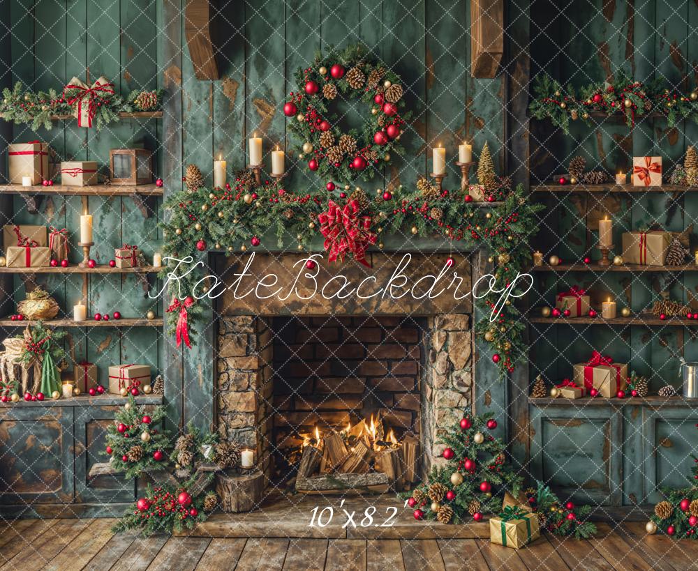 Kate Christmas Green Cabinets Fireplace Backdrop Designed by Emetselch - Image 5