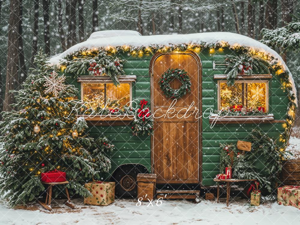 Kate Christmas Green Camping Car Snow Tree Backdrop Designed by Emetselch - Image 3