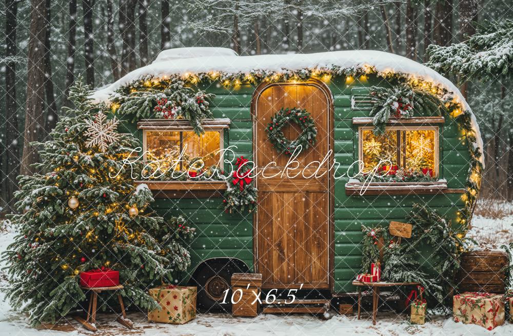 Kate Christmas Green Camping Car Snow Tree Backdrop Designed by Emetselch - Image 4