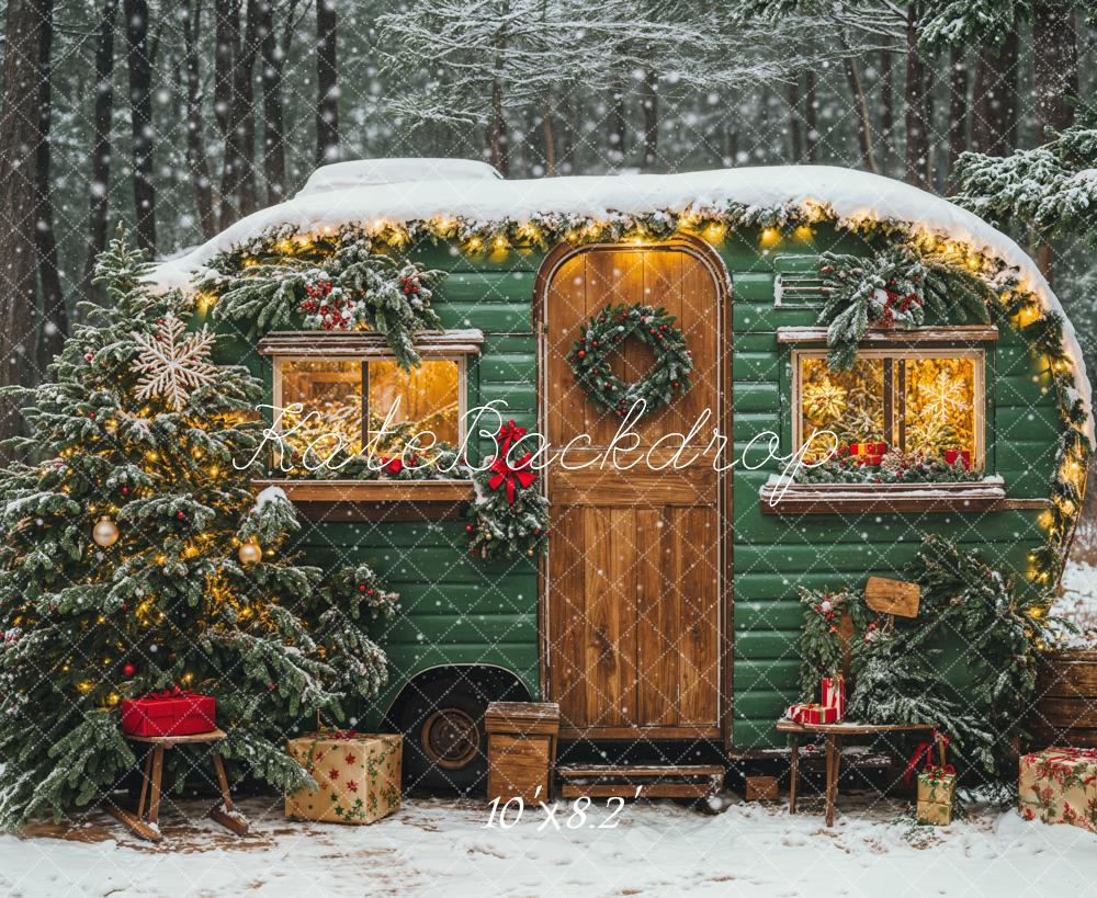Kate Christmas Green Camping Car Snow Tree Backdrop Designed by Emetselch - Image 5