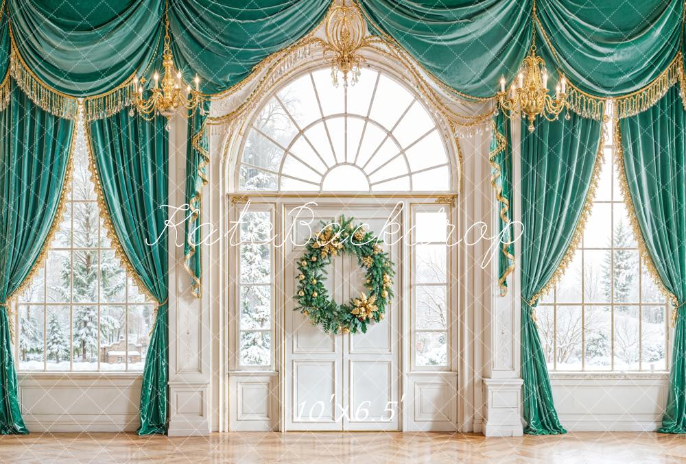 Kate Christmas Green Drape Wreath Window Fleece Backdrop Designed by Emetselch - Image 2