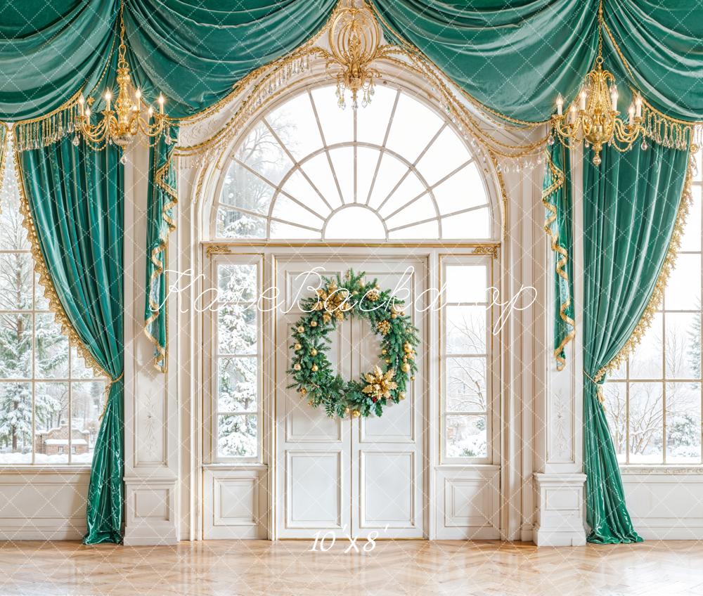 Kate Christmas Green Drape Wreath Window Fleece Backdrop Designed by Emetselch - Image 3