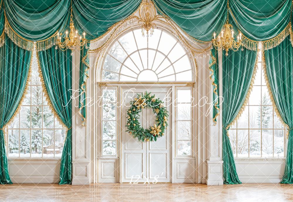 Kate Christmas Green Drape Wreath Window Fleece Backdrop Designed by Emetselch - Image 4
