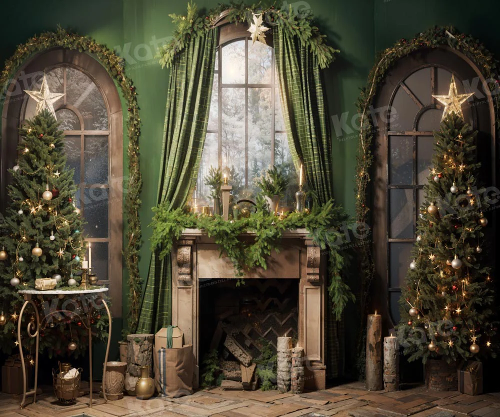 Kate Christmas Green Fireplace Curtain Backdrop Designed by Emetselch - Image 3