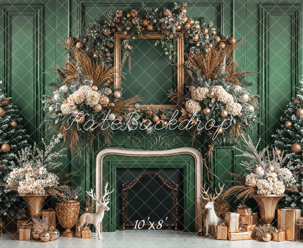 Kate Christmas Green Fireplace Fleece Backdrop Designed by Emetselch - Image 3
