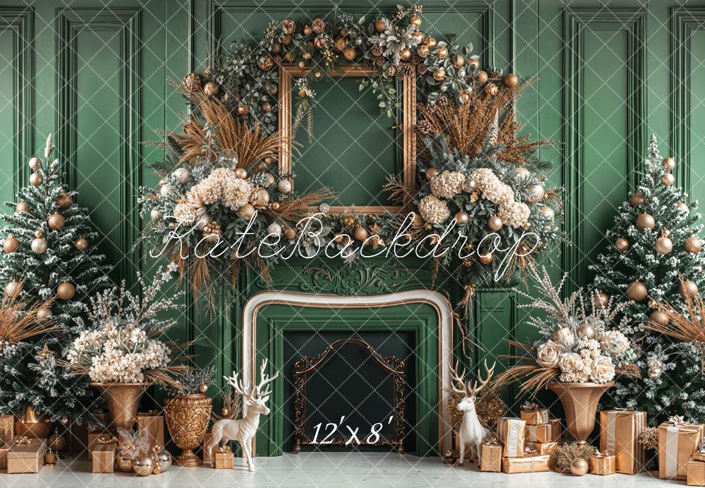 Kate Christmas Green Fireplace Fleece Backdrop Designed by Emetselch - Image 4