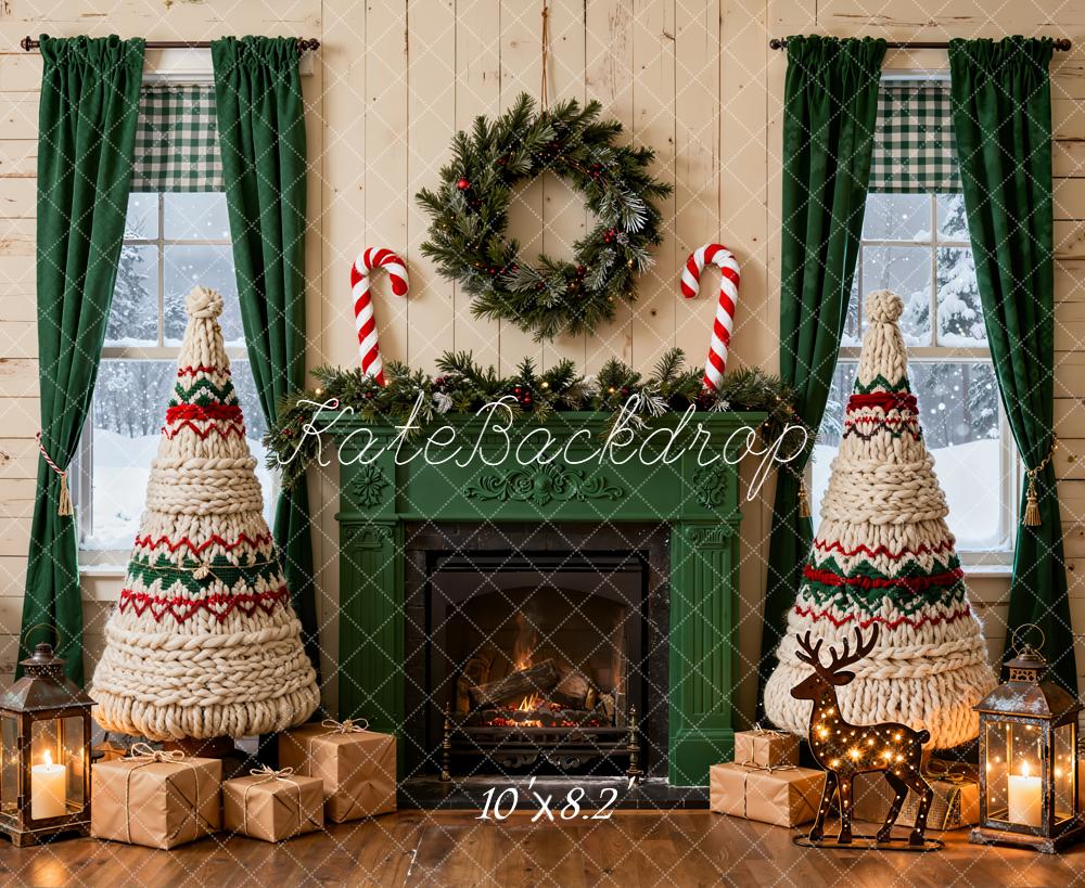 Kate Christmas Green Fireplace Yarn Trees Fleece Backdrop Designed by Emetselch - Image 3