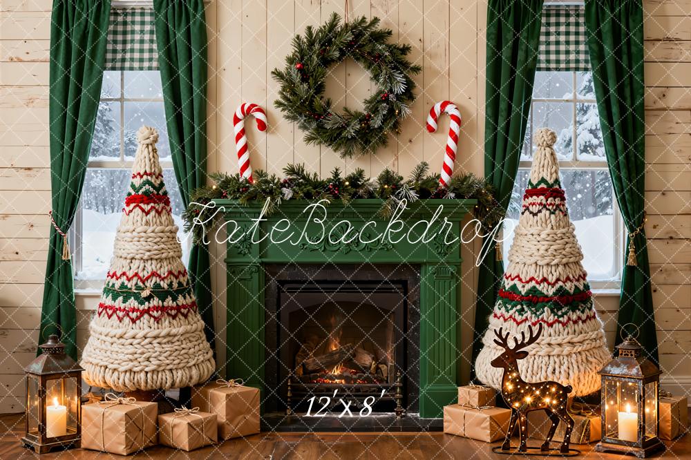 Kate Christmas Green Fireplace Yarn Trees Fleece Backdrop Designed by Emetselch - Image 4