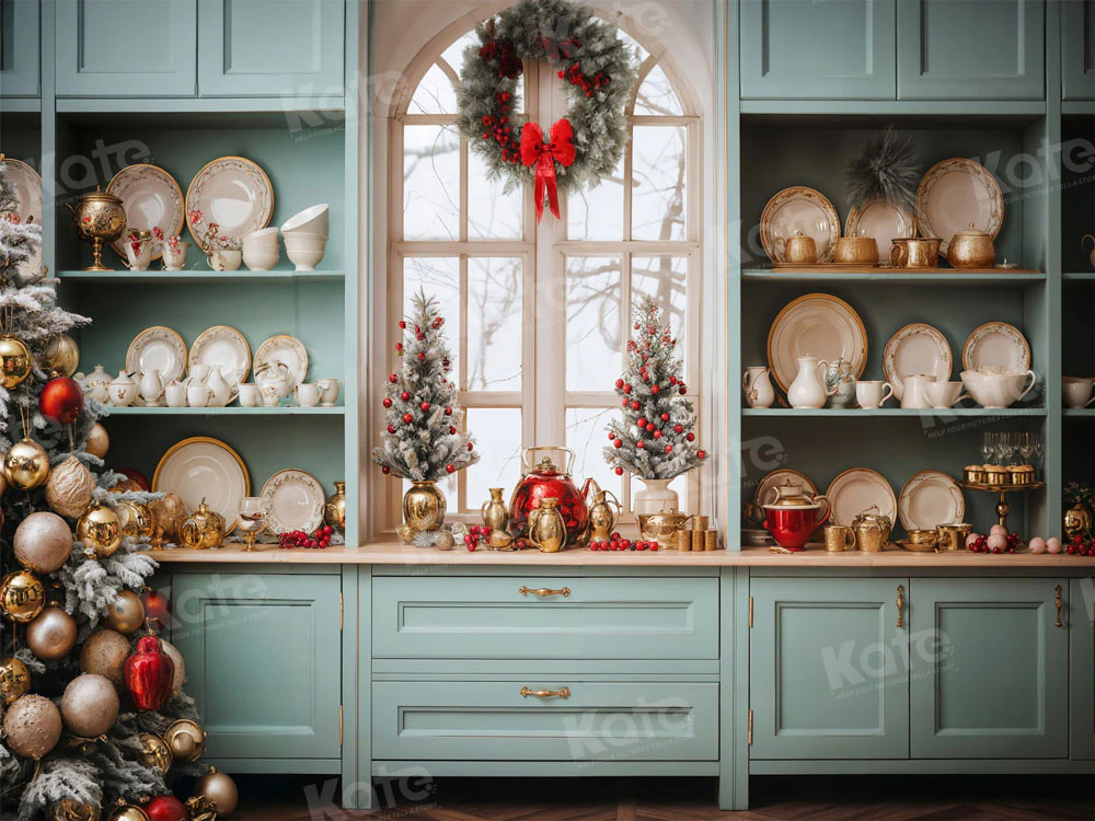 Kate Light Green Christmas Kitchen Backdrop for Photography - Image 3