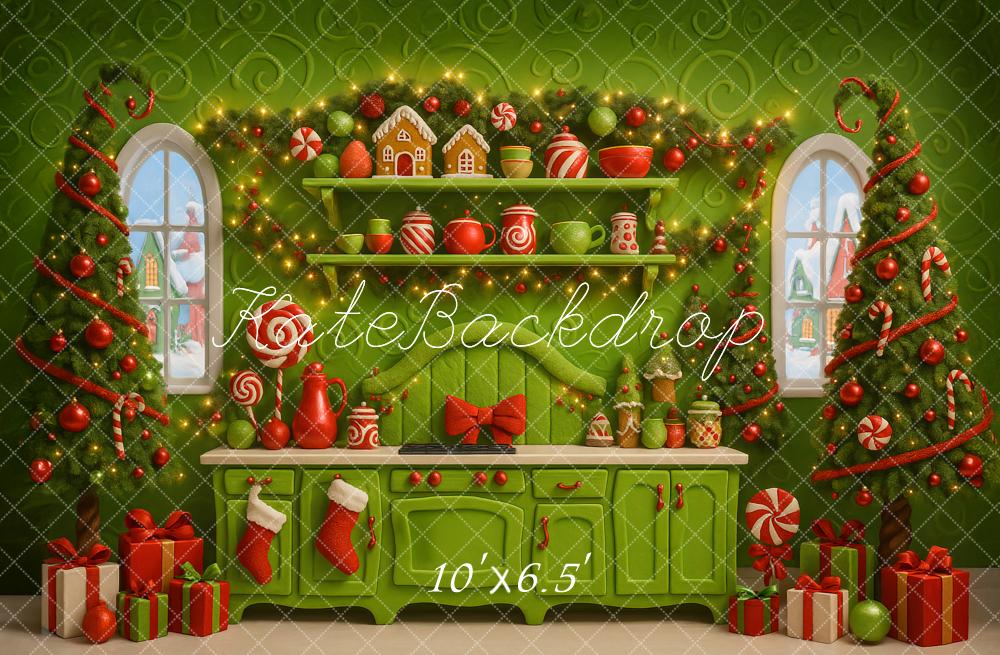 Kate Christmas Green Kitchen Gingerbread Trees Backdrop Designed by Ashley Paul - Image 4