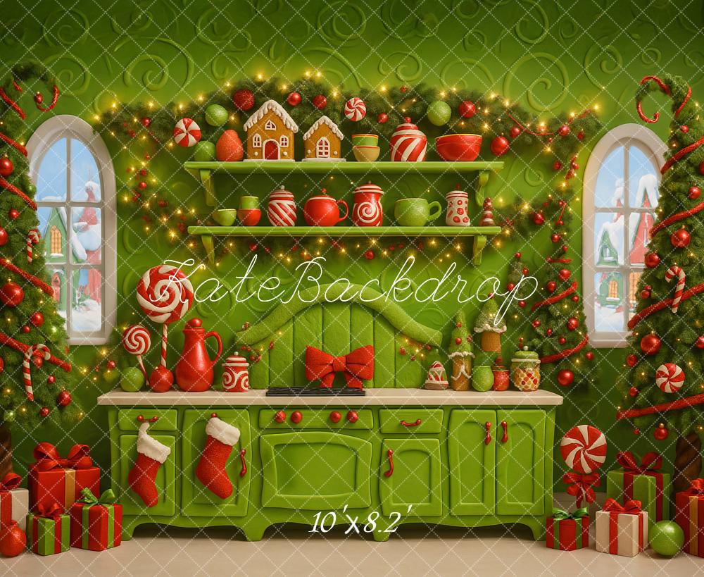 Kate Christmas Green Kitchen Gingerbread Trees Backdrop Designed by Ashley Paul - Image 6