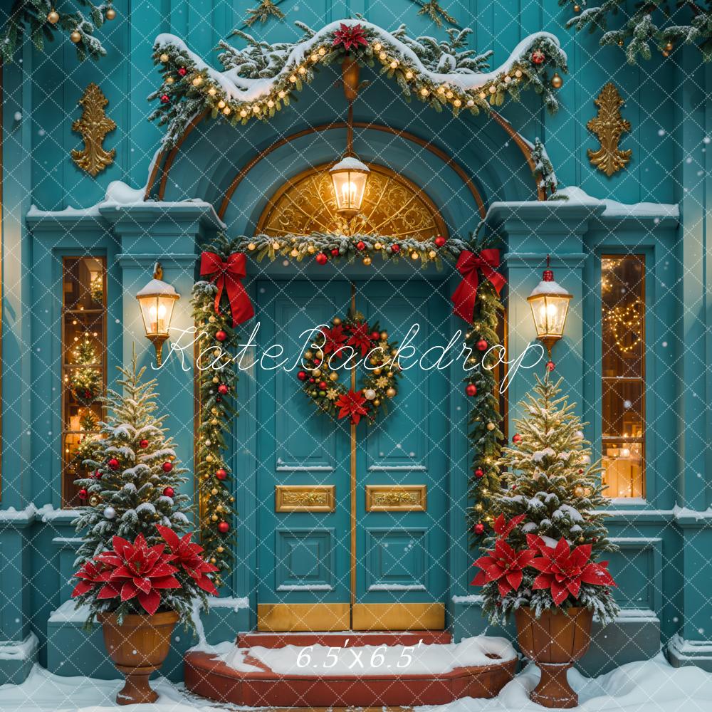 Kate Christmas Green Retro Arch House Backdrop Designed by Emetselch - Image 2
