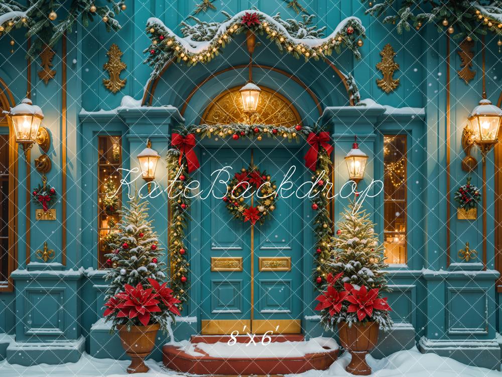 Kate Christmas Green Retro Arch House Backdrop Designed by Emetselch - Image 3
