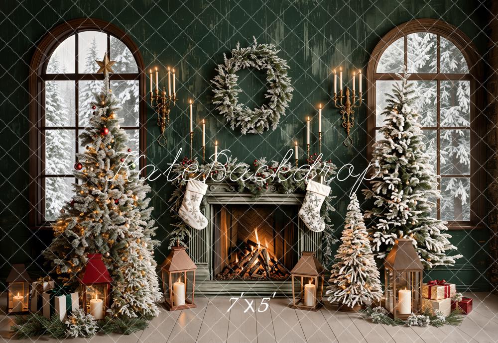 Kate Christmas Green Retro Fireplace Arched Window Backdrop Designed by Emetselch - Image 2
