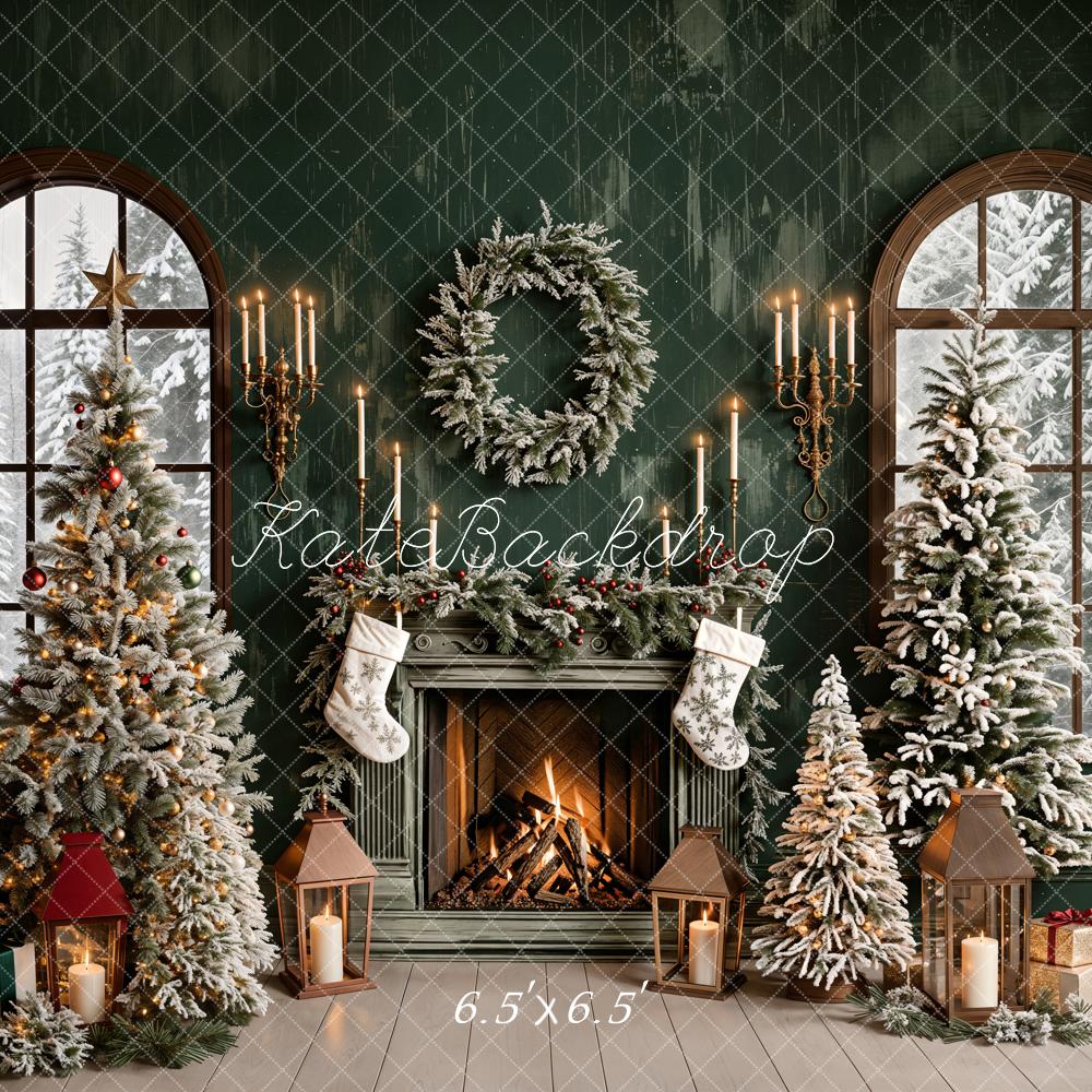 Kate Christmas Green Retro Fireplace Arched Window Backdrop Designed by Emetselch - Image 3