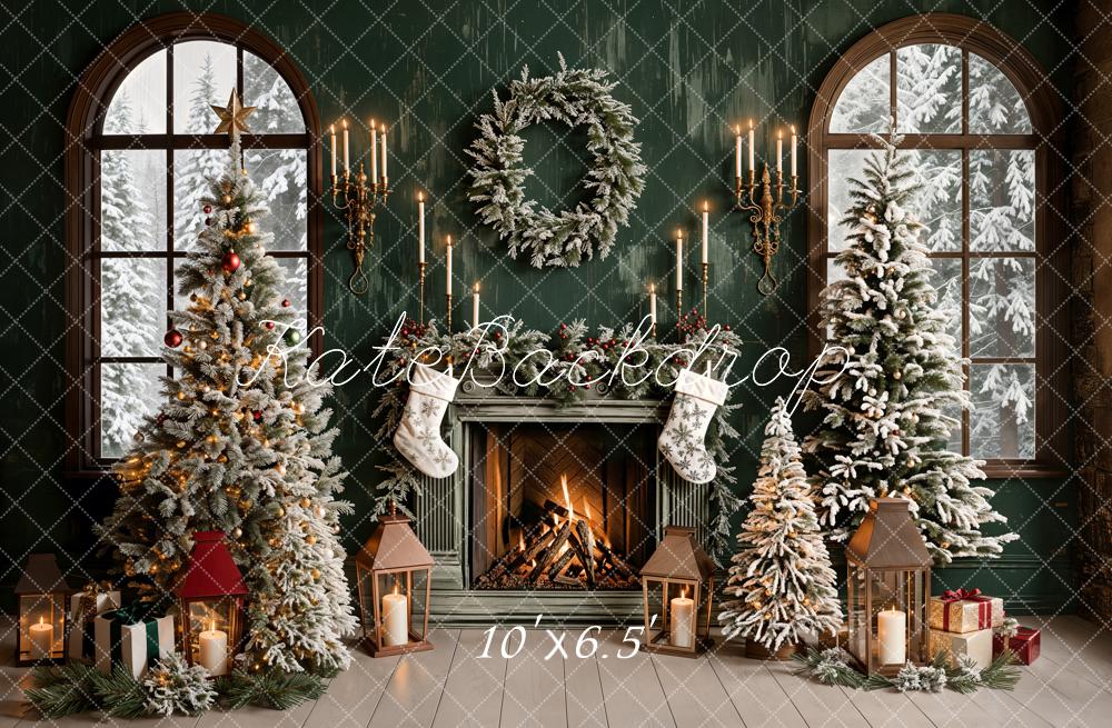 Kate Christmas Green Retro Fireplace Arched Window Backdrop Designed by Emetselch - Image 4