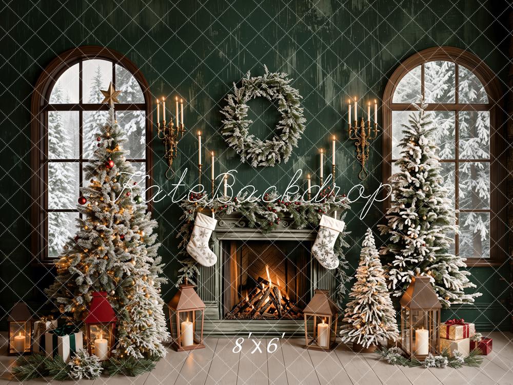 Kate Christmas Green Retro Fireplace Arched Window Backdrop Designed by Emetselch - Image 5