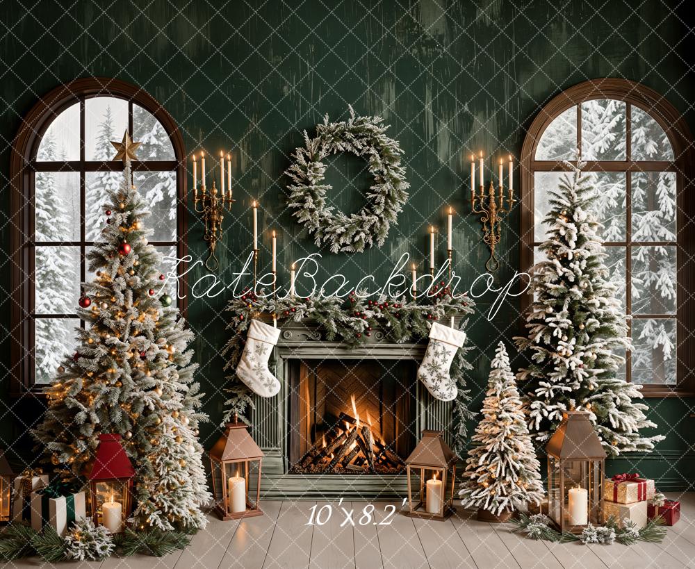 Kate Christmas Green Retro Fireplace Arched Window Backdrop Designed by Emetselch - Image 6