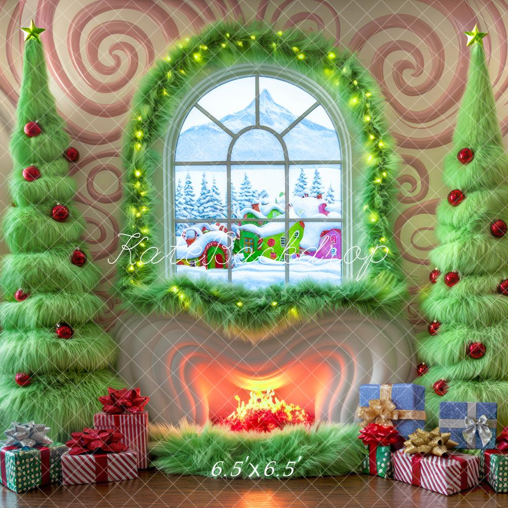 Kate Christmas Green Trees Fireplace Window Backdrop Designed by Mini MakeBelieve - Image 3