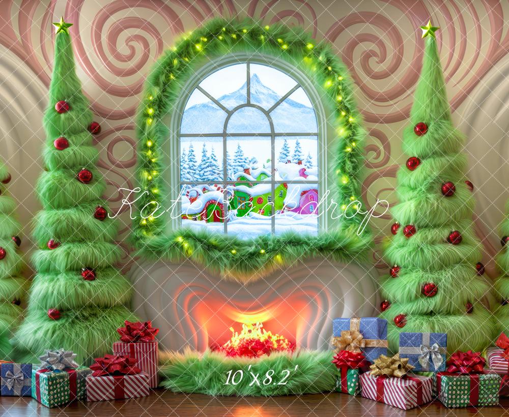 Kate Christmas Green Trees Fireplace Window Backdrop Designed by Mini MakeBelieve - Image 4