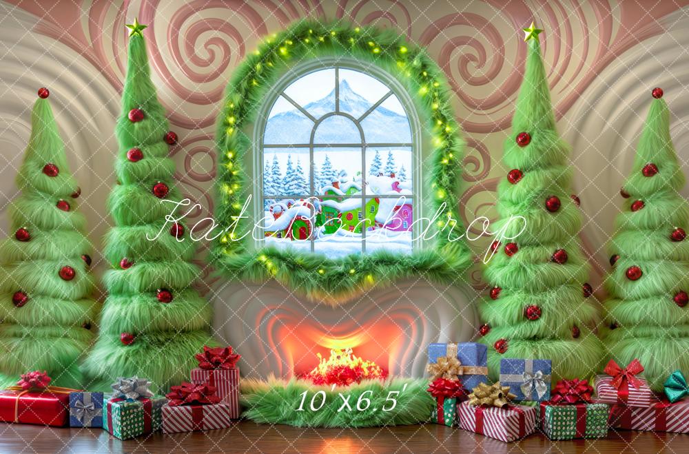 Kate Christmas Green Trees Fireplace Window Backdrop Designed by Mini MakeBelieve - Image 5