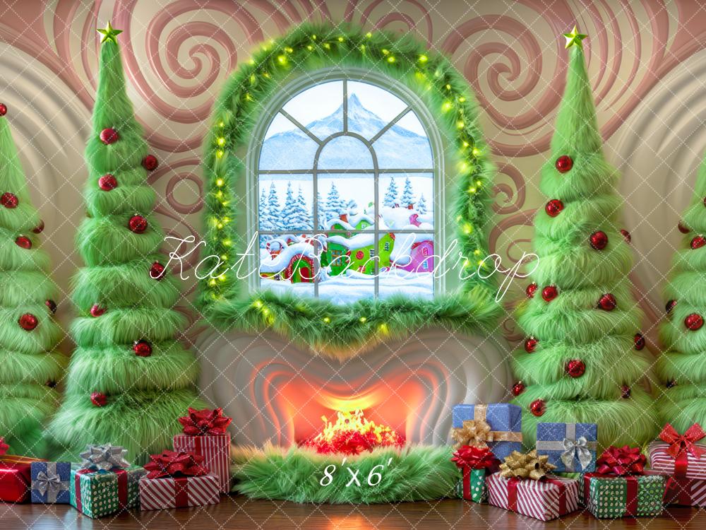 Kate Christmas Green Trees Fireplace Window Backdrop Designed by Mini MakeBelieve - Image 6