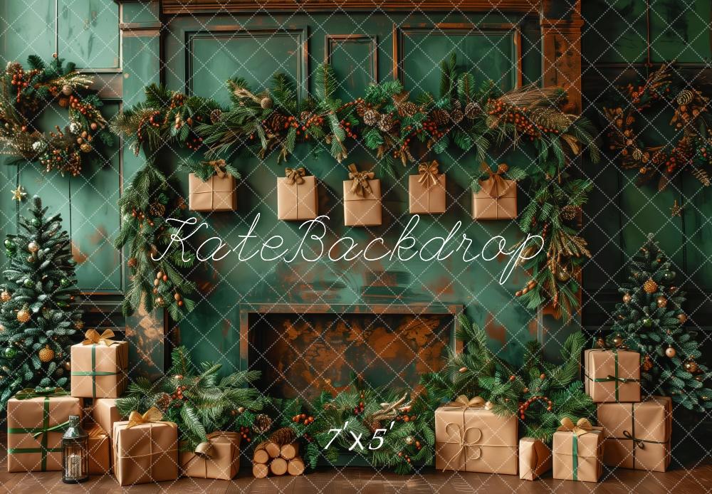 Kate Christmas Green Wall Brown Gifts Fireplace Backdrop Designed by Patty Robert