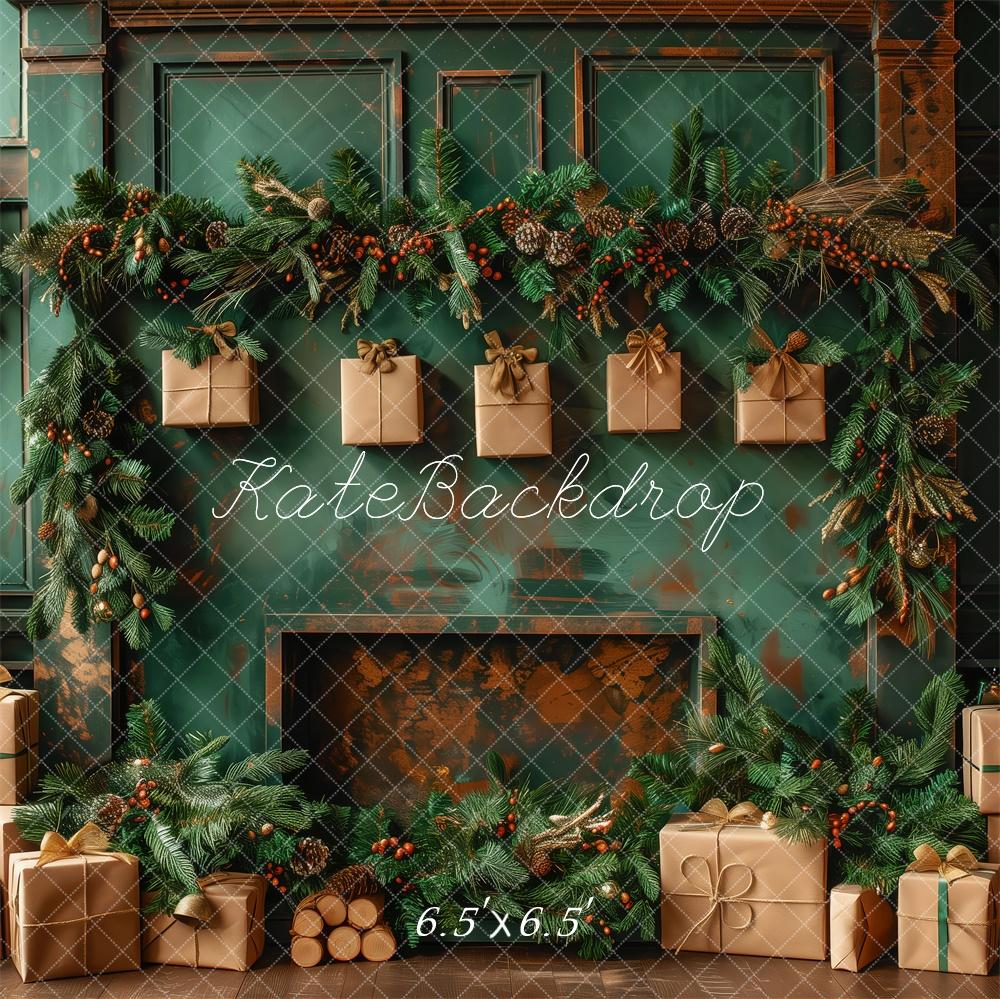 Kate Christmas Green Wall Brown Gifts Fireplace Backdrop Designed by Patty Robert - Image 2