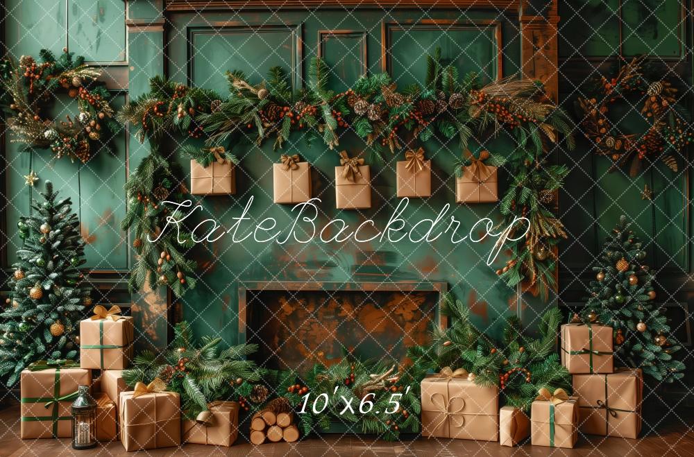 Kate Christmas Green Wall Brown Gifts Fireplace Backdrop Designed by Patty Robert - Image 4