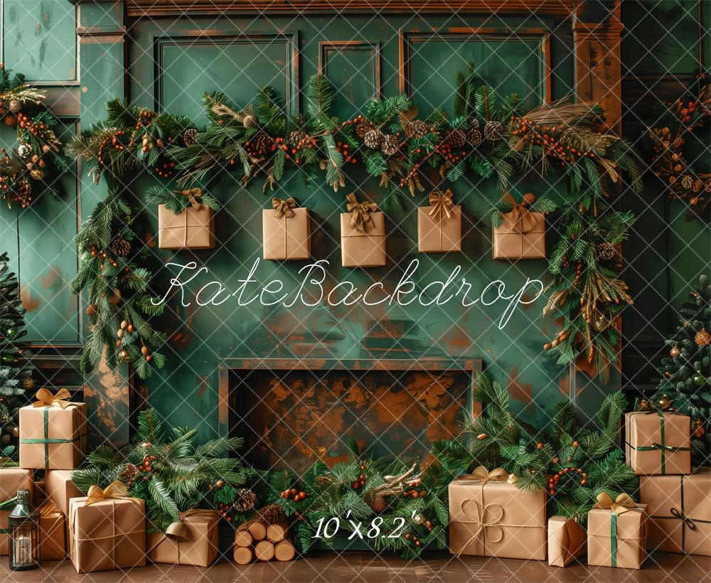 Kate Christmas Green Wall Brown Gifts Fireplace Backdrop Designed by Patty Robert - Image 5