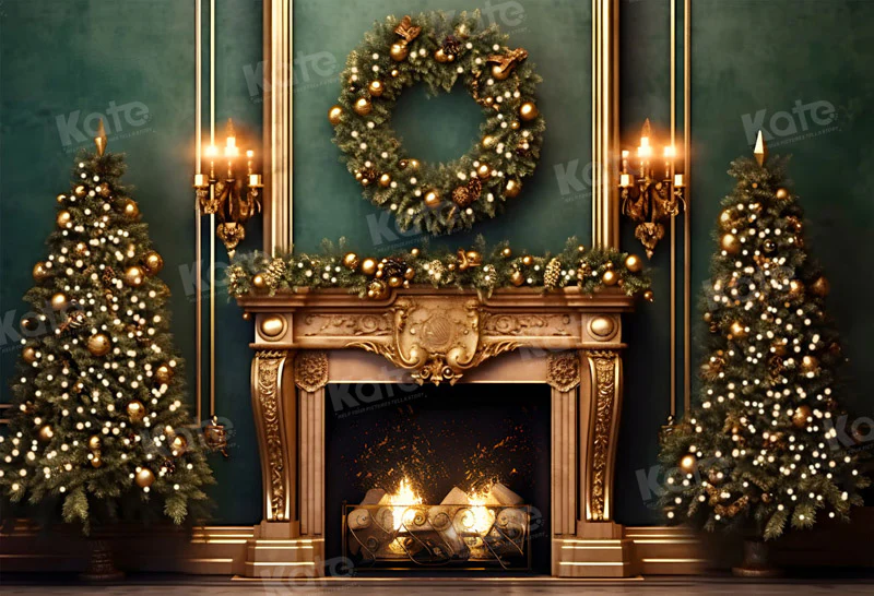 Kate Christmas Green Wall Golden Fireplace Backdrop for Photography - Image 2