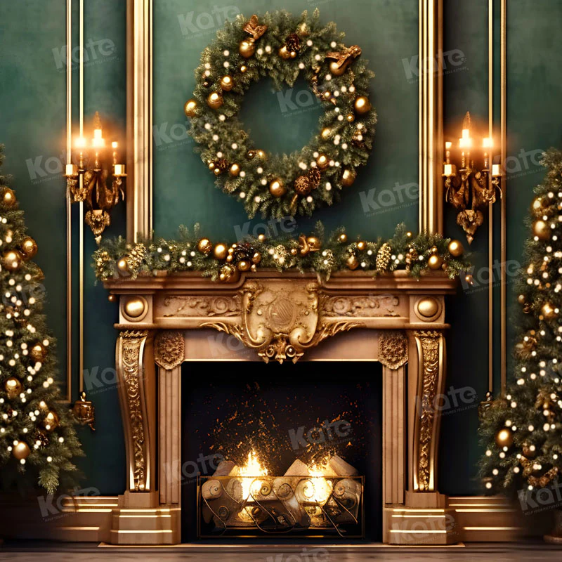 Kate Christmas Green Wall Golden Fireplace Backdrop for Photography - Image 3