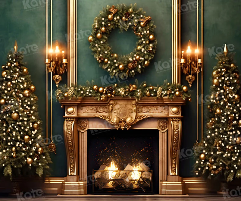 Kate Christmas Green Wall Golden Fireplace Backdrop for Photography - Image 4