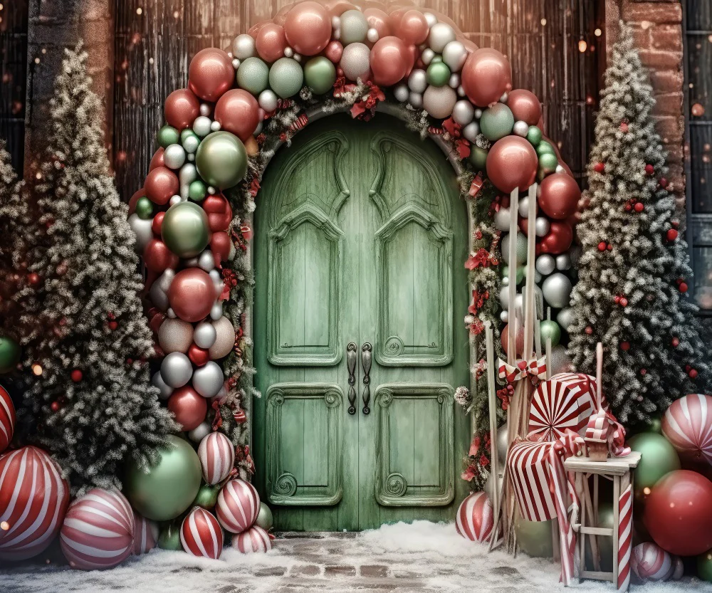 Kate Christmas Holiday Balloon Arch Green Door Backdrop for Photography - Image 6