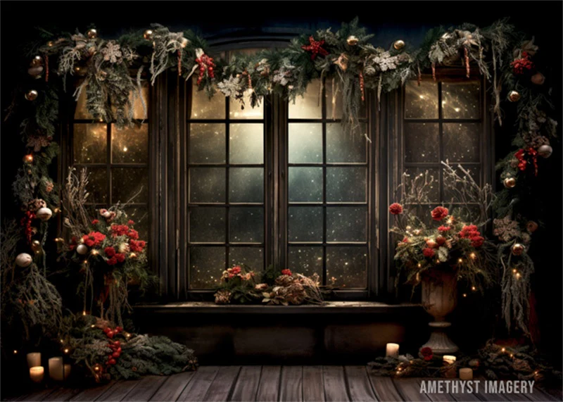 Kate Christmas Holly Window Black Wall Backdrop Designed by Angela Marie Photography - Image 2