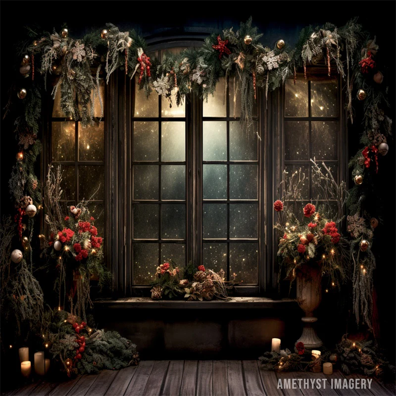 Kate Christmas Holly Window Black Wall Backdrop Designed by Angela Marie Photography - Image 5