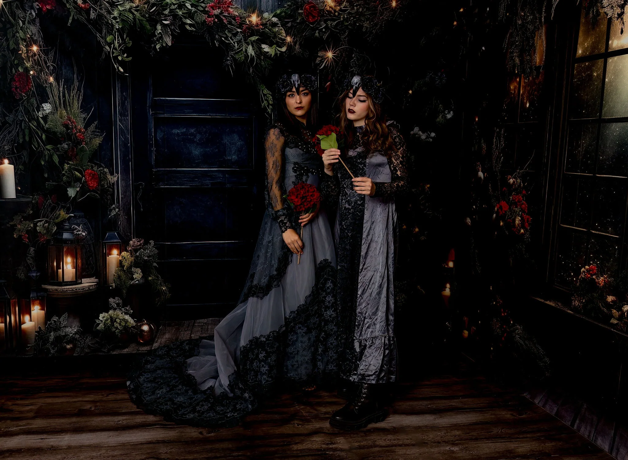 Kate Christmas Holly Window Black Wall Backdrop Designed by Angela Marie Photography - Image 7