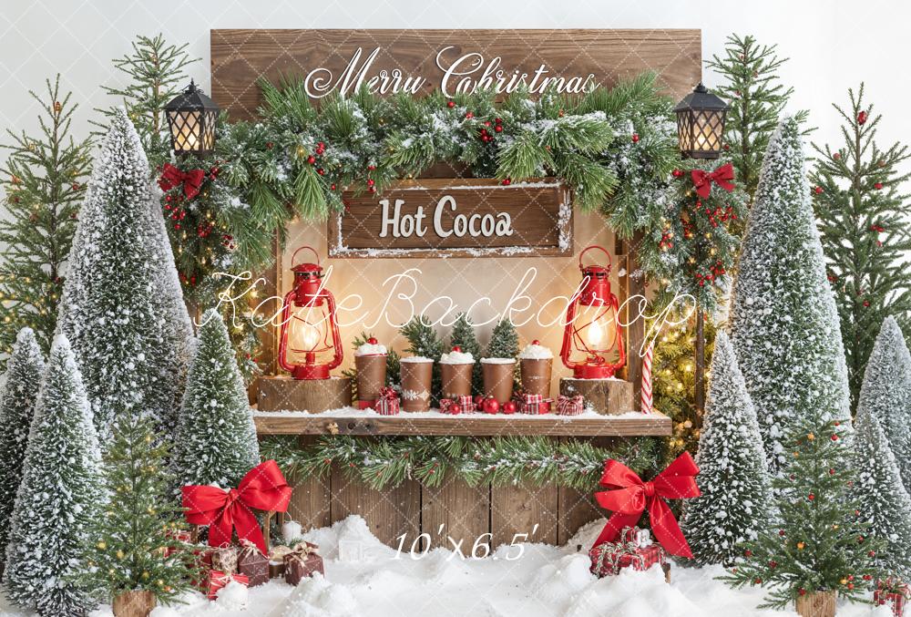Kate Christmas Hot Cocoa Stand Snowy Trees Fleece Backdrop Designed by Emetselch - Image 2